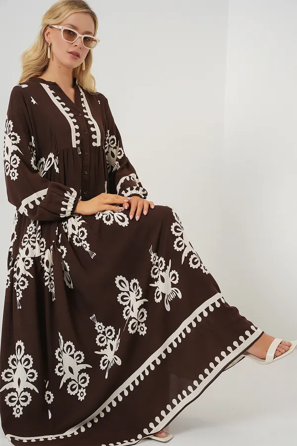 Robe hijab à motifs authentiques 2423 - Marron foncé