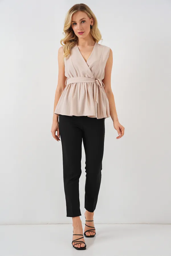 Kadın Kruvaze Yaka Kolsuz Bluz 966 - Krem