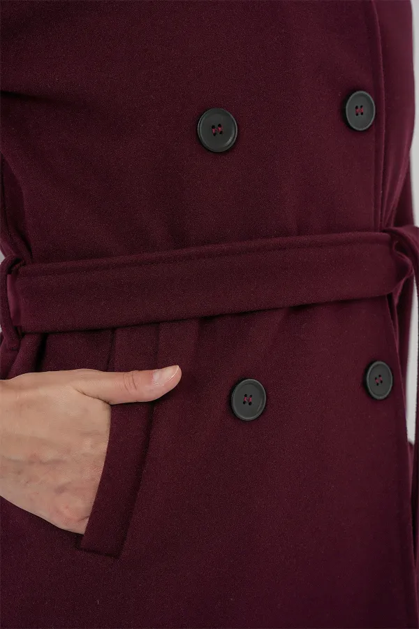 Kadın Kuşaklı Kaşe Kaban 9162 - Bordo