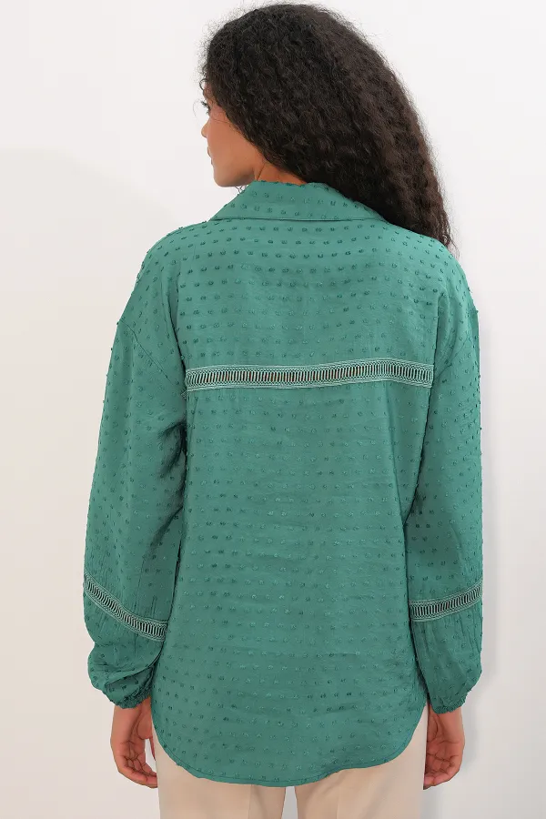 Women's Oversize Patterned Shirt 20379 - Emerald Green Women's Oversize Patterned Shirt 20379 - Emerald Green