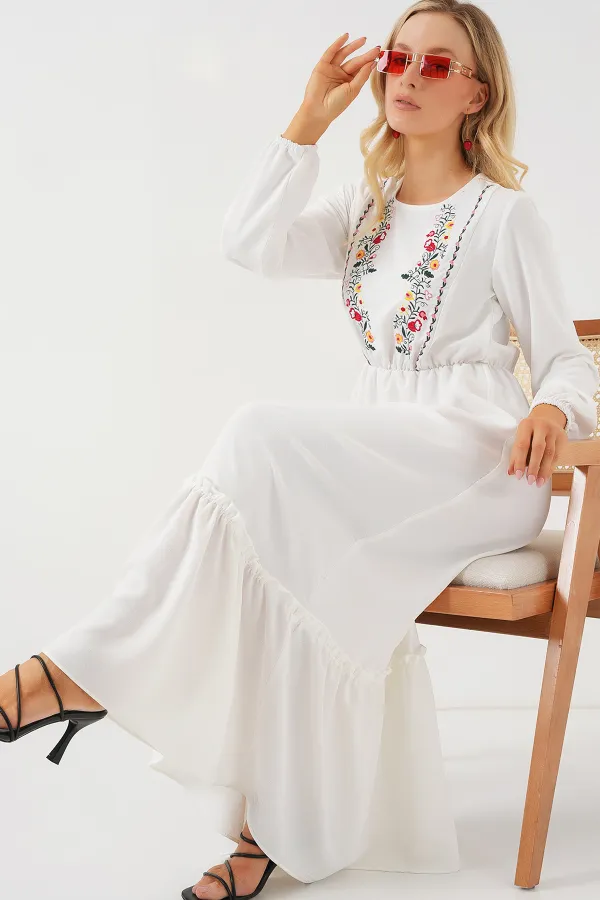 Kadın Nakışlı Uzun Tesettür Elbise 2550 - Beyaz