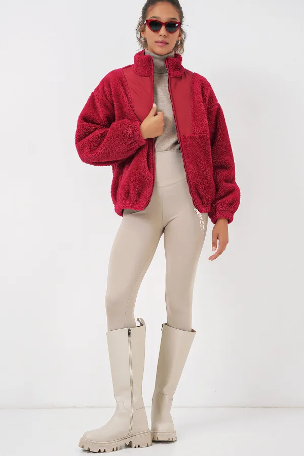 5194 Women's Plush Coat Jacket - Light Claret Red