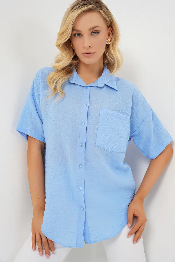 Women's Short Sleeve Linen Look Shirt 20336 - Blue
