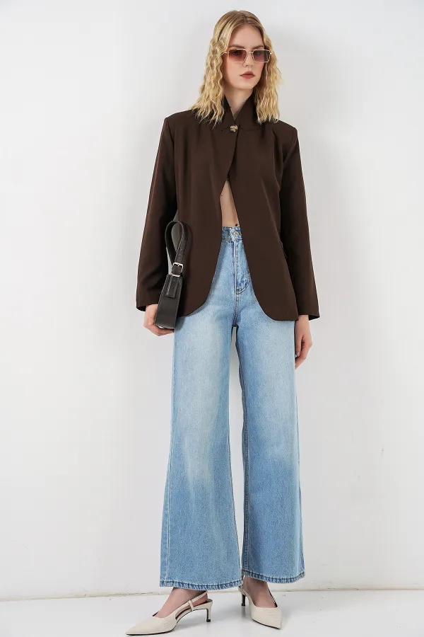 Women's One-Button Oversize Blazer Jacket 0749 - Brown