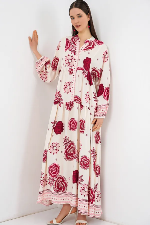 Kadın Desenli Uzun Tesettür Elbise 2585 - Bordo 1