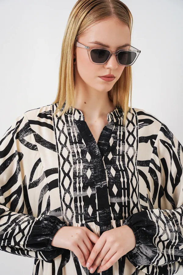 Women's Patterned Long Hijab Dress 2585 - Black 12