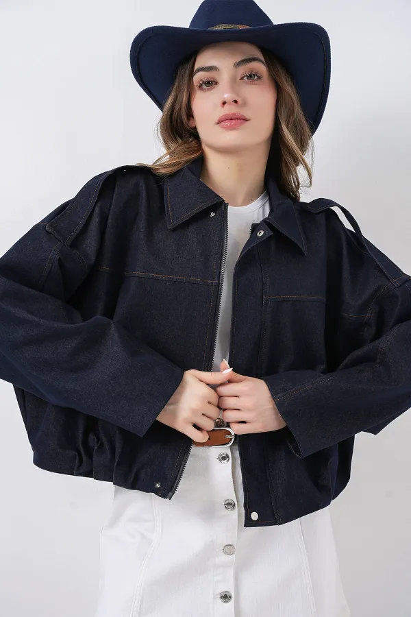 Women's Denim Bomber Jacket 0737 - Navy Blue