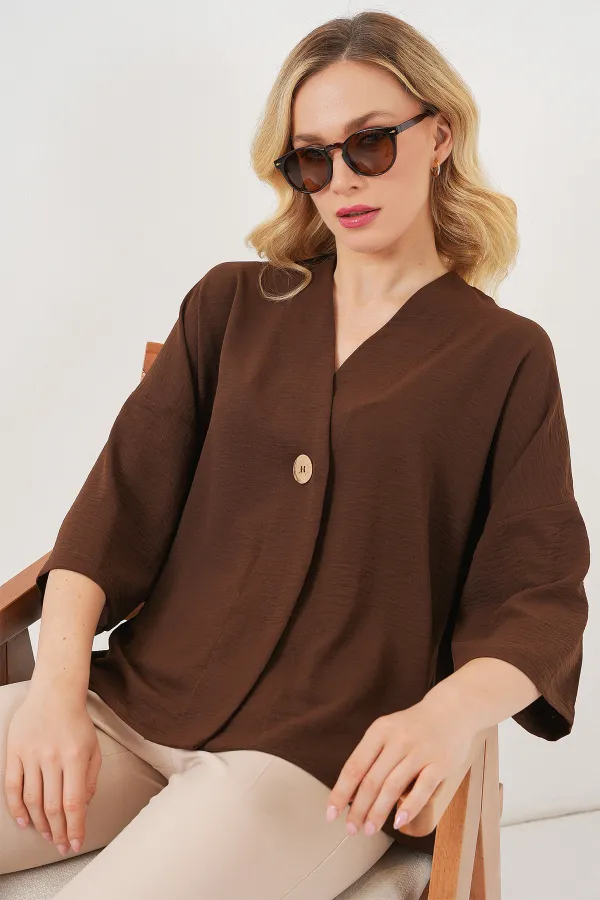 Kadın Kısa Kol Oversize Kimono 5969 - Kahverengi