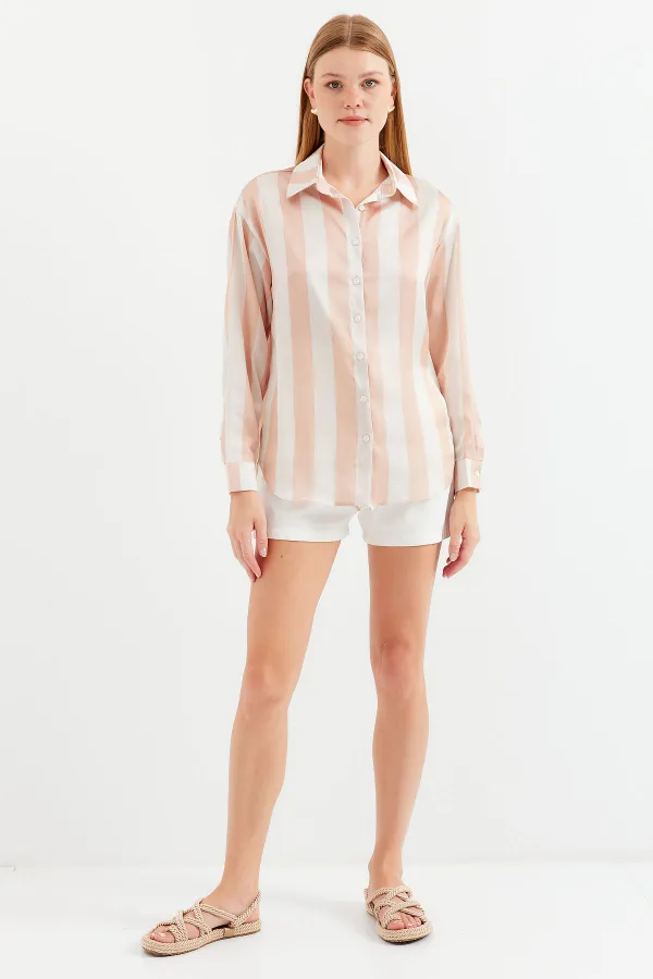 3964 Lightly Flowing Striped Satin Shirt - Biscuit