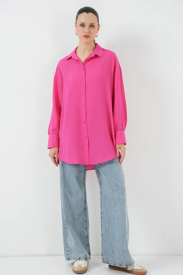 Kadın Çizgili Uzun Gömlek Tunik 5963 - Fuşya