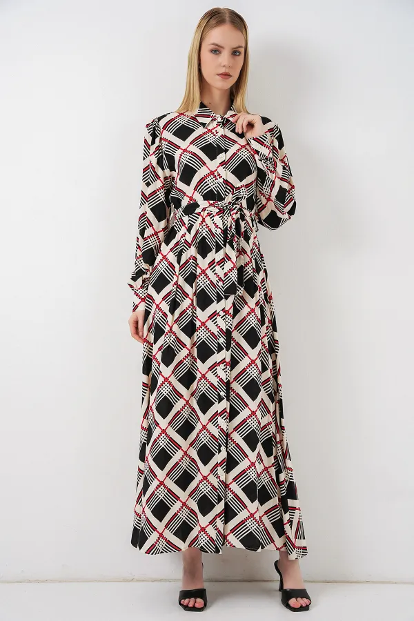 Kadın Boydan Düğmeli Uzun Tesettür Elbise 2588 - Siyah - Bej