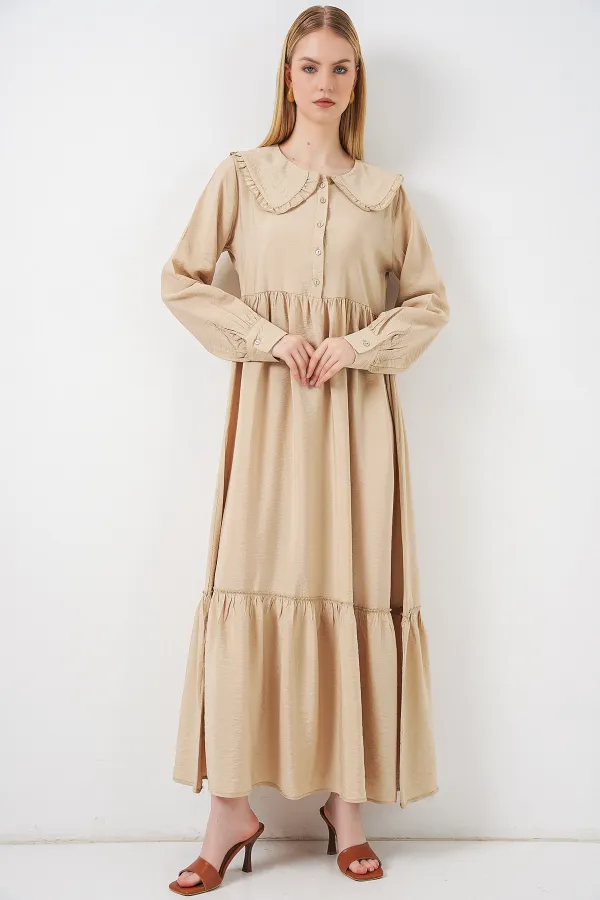 Kadın Bebe Yaka Uzun Tesettür Elbise 2592 - Bej