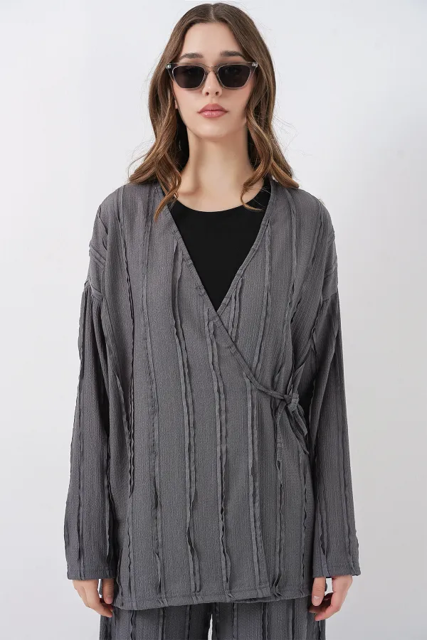 Kadın Örme Kimono Pantolon İkili Takım 30067 - Gri