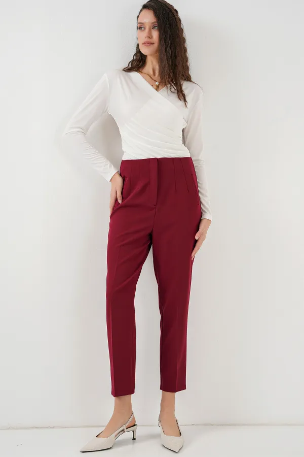 Pantalon taille haute en tissu 6650 - Bordeaux