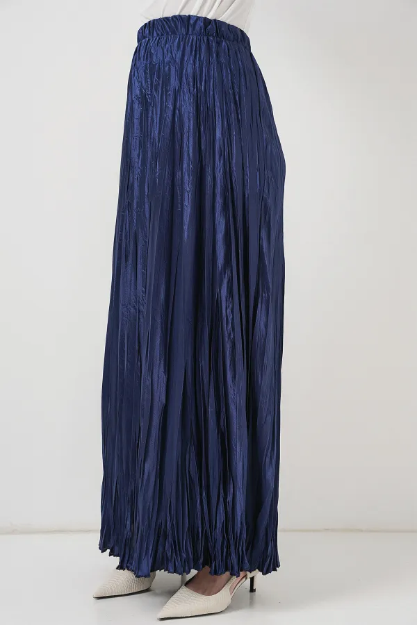 Women's Long Crinkle Shiny Skirt 8034 - Light Navy Blue