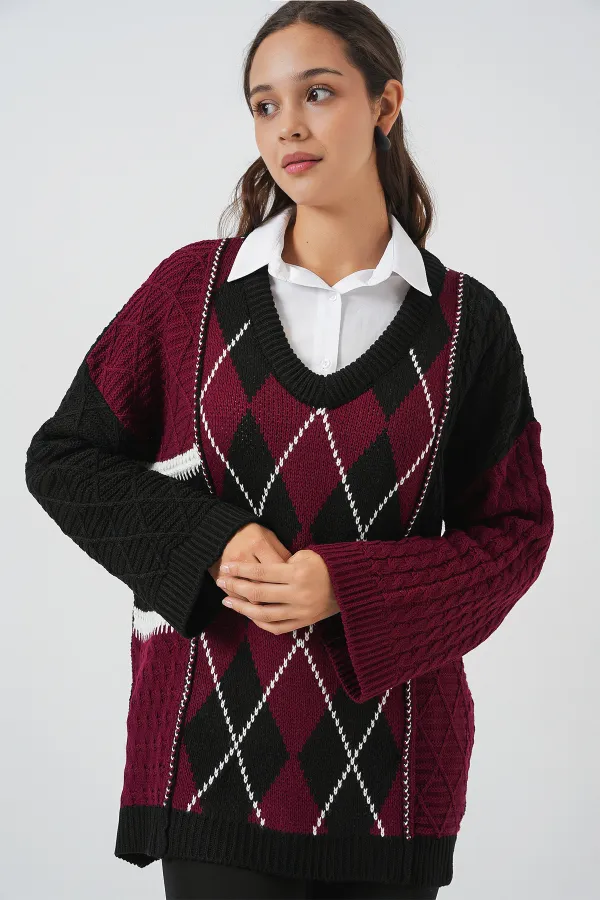 Kadın V Yaka Desenli Triko Kazak 15933 - Bordo