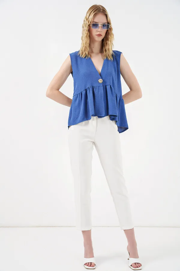 Women's Buttoned Sleeveless Blouse 994 - Navy Blue