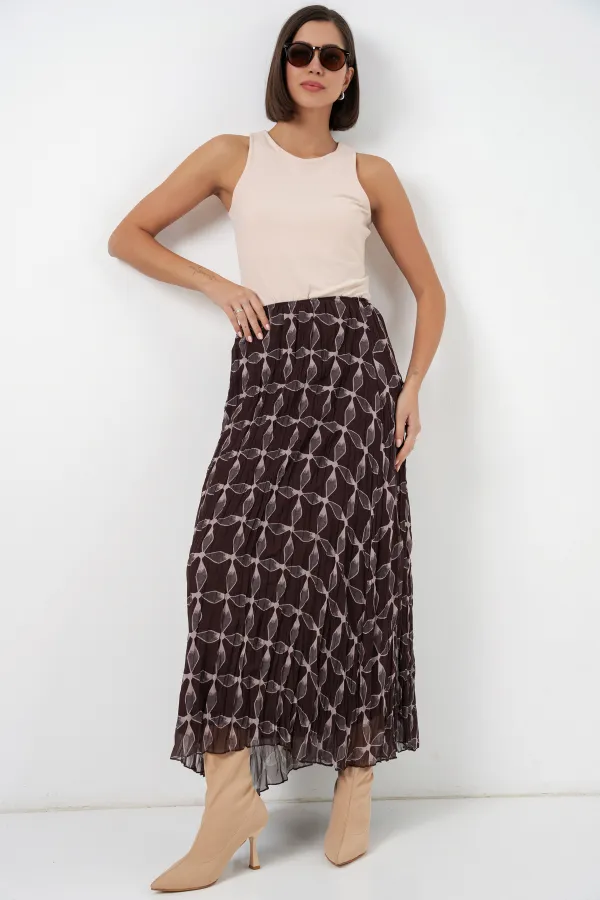 Jupe en mousseline doublée à motifs pour femme 8058 - Marron