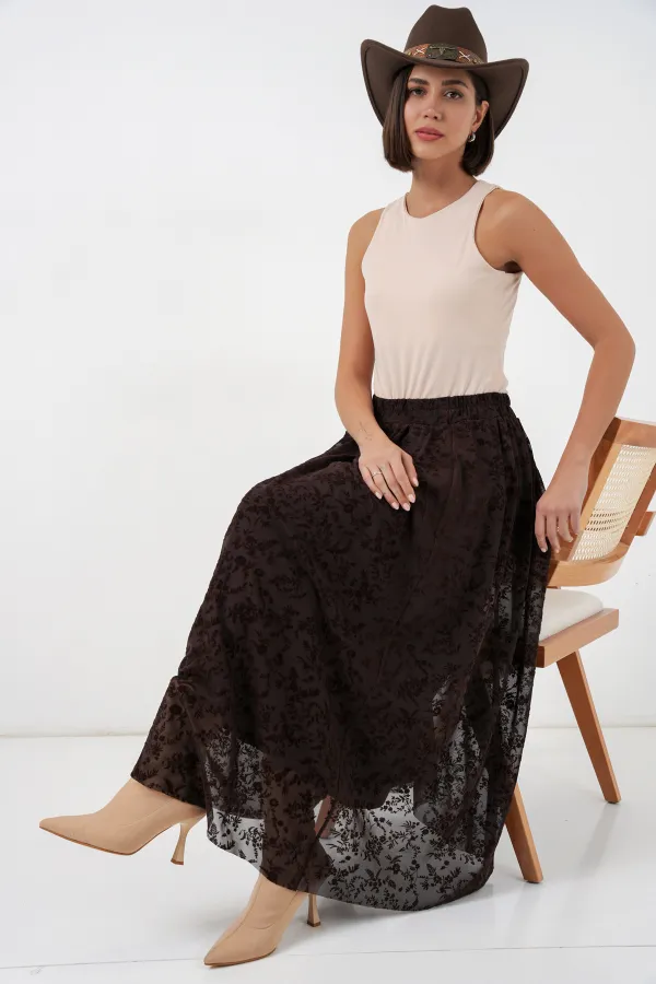 Jupe doublée à imprimé floqué pour femme 8069 - Marron