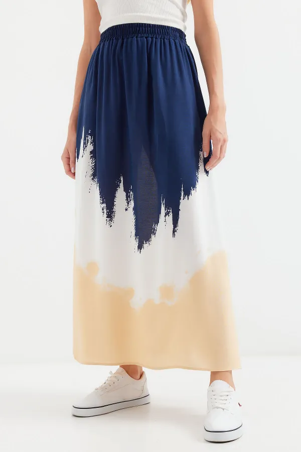 8025 Patterned Long Viscose Skirt - Navy Blue