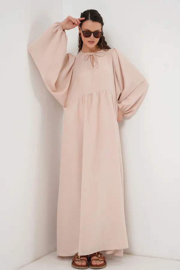 Robe longue hijab à manches ballon pour femme 2464 - Beige