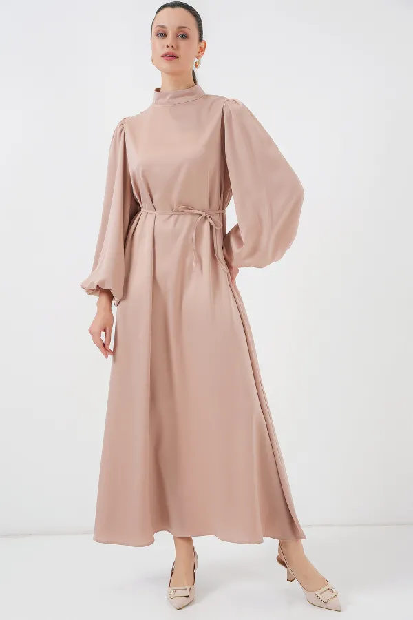 2510 Satin Hijab Evening Dress - Biscuit
