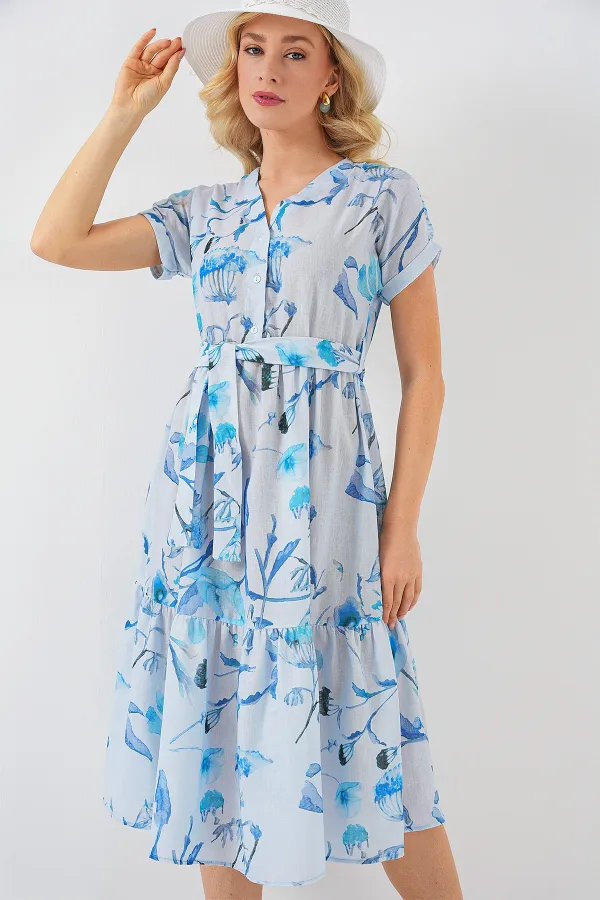 Women's Patterned Short Sleeve Dress 2558 - Blue