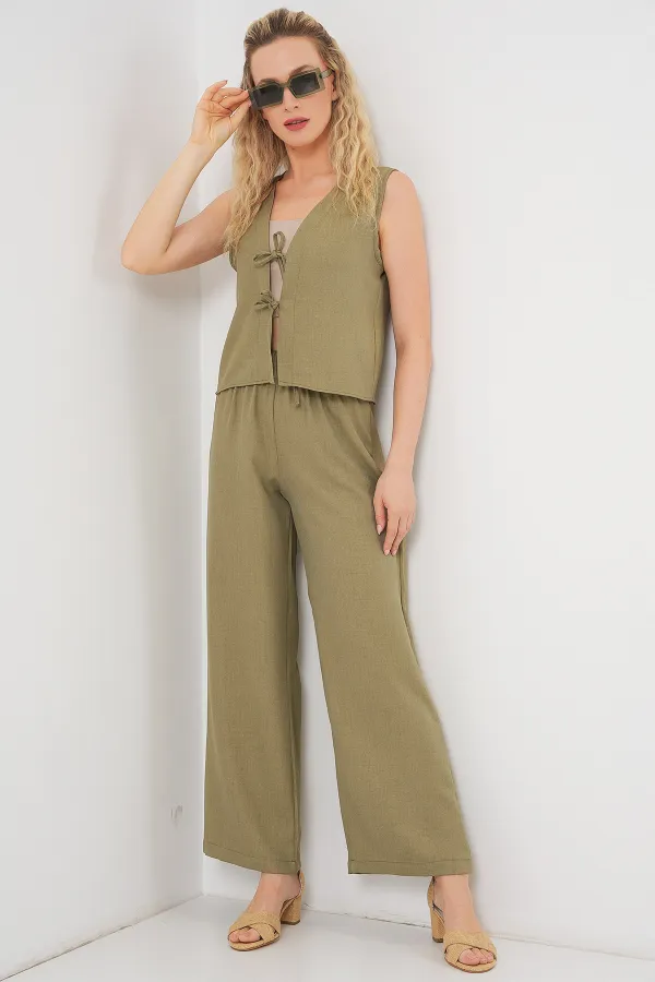 Kadın Keten Görünümlü Sıfır Kol İkili Takım 6746 - Çağla