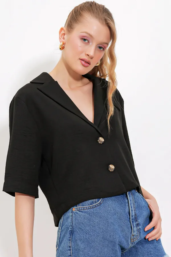 Veste courte oversize en lin noir à double boutonnage pour femme 0706