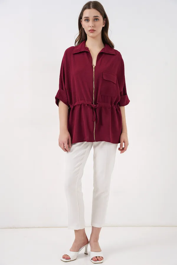 Fermuarlı Kadın Gömlek 0721 - Bordo