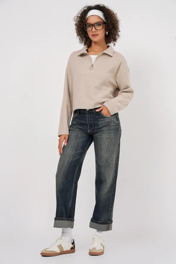 55449 Zippered Collar Knitted Sweatshirt - Cream