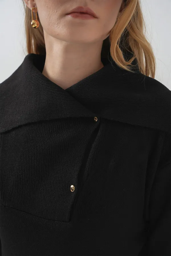 15921 Wide Collar Knitwear Sweater - Black