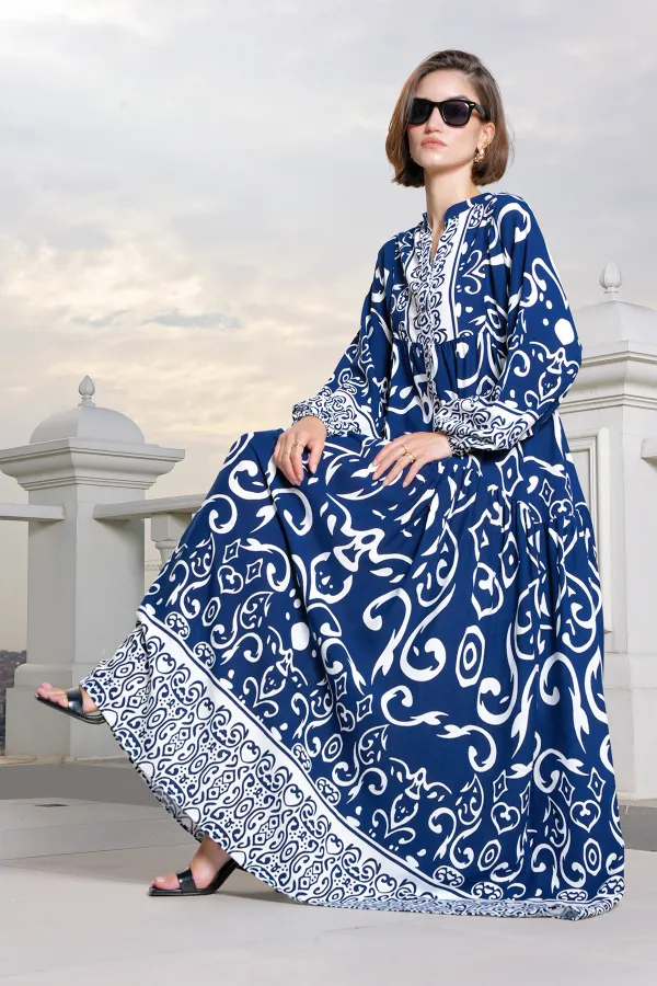 Robe hijab à motifs authentiques 2423 - Bleu marine