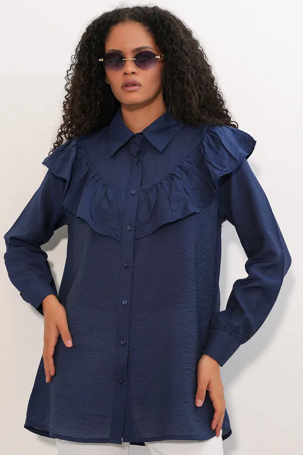 Women's Ruffle Detail Shirt Tunic 5994 - Navy Blue Women's Ruffle Detail Shirt Tunic 5994 - Navy Blue