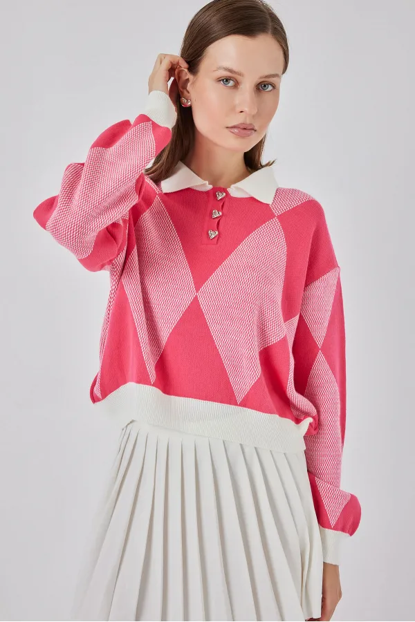 Kadın Crop Triko Kazak 15936 - C. Pembe