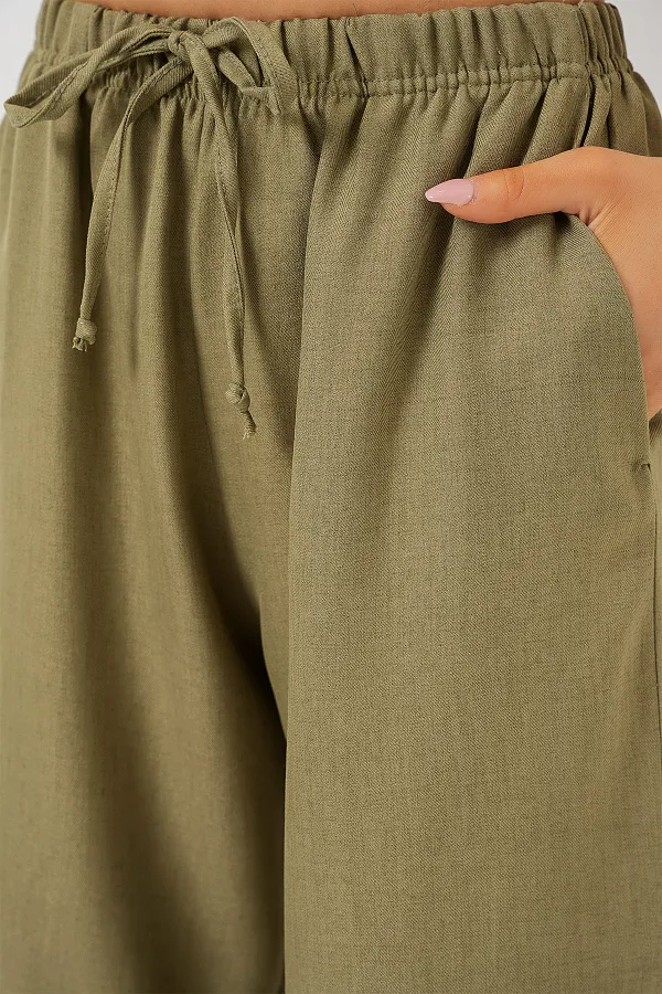 Kadın Geniş Paça Keten Pantolon 6735 - Çağla