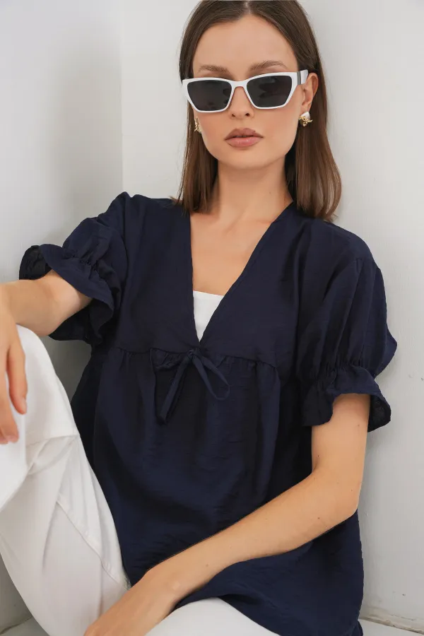 Kadın Önü Bağcıklı Kısa Kol Bluz 962 - Lacivert