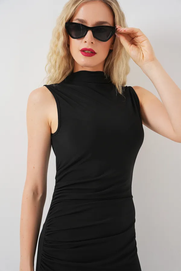 Robe drapée plissée à manches zéro pour femme 2579 - Noir
