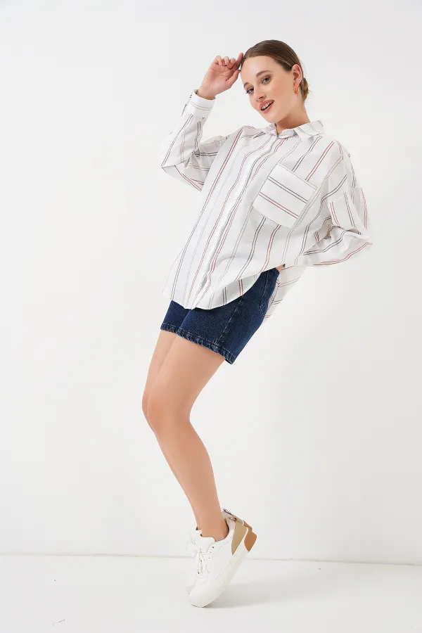Kadın Çizgili Oversize Gömlek 20278 - B.Beyaz