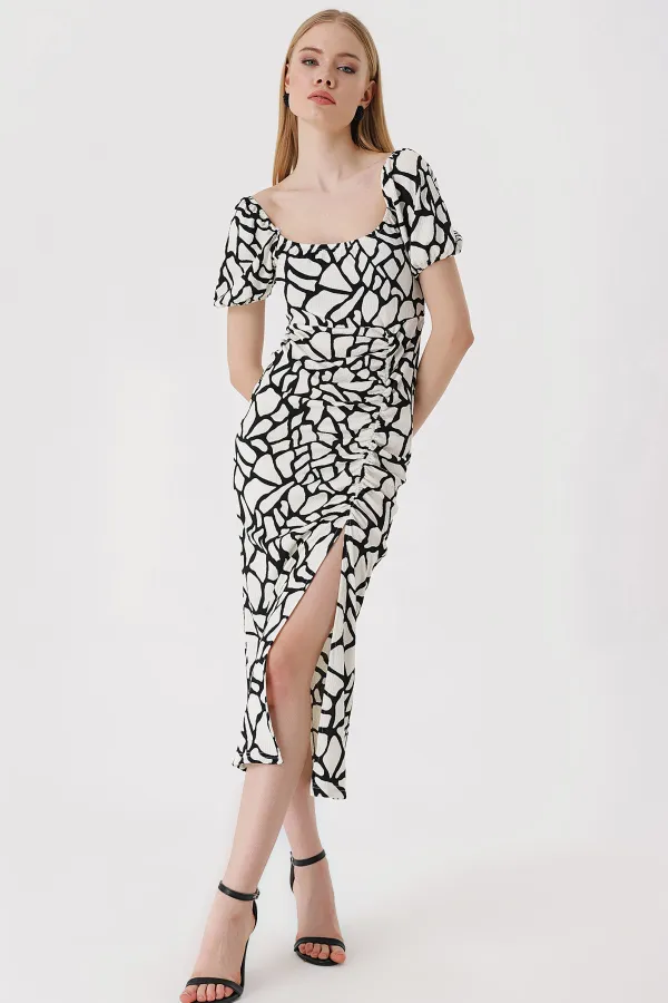 2396 Yırtmaçlı Yazlık Örme Elbise - D. Siyah