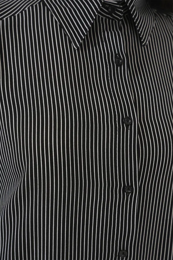 Kadın Çizgili Oversize Gömlek 20295 - Siyah