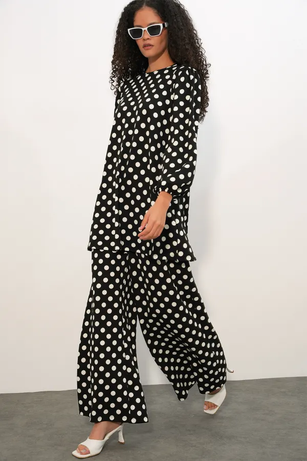 Women's Tunic and Pants Polka Dot Top and Bottom Set 6663 - A.Black Women's Tunic and Pants Polka Dot Top and Bottom Set 6663 - A.Black