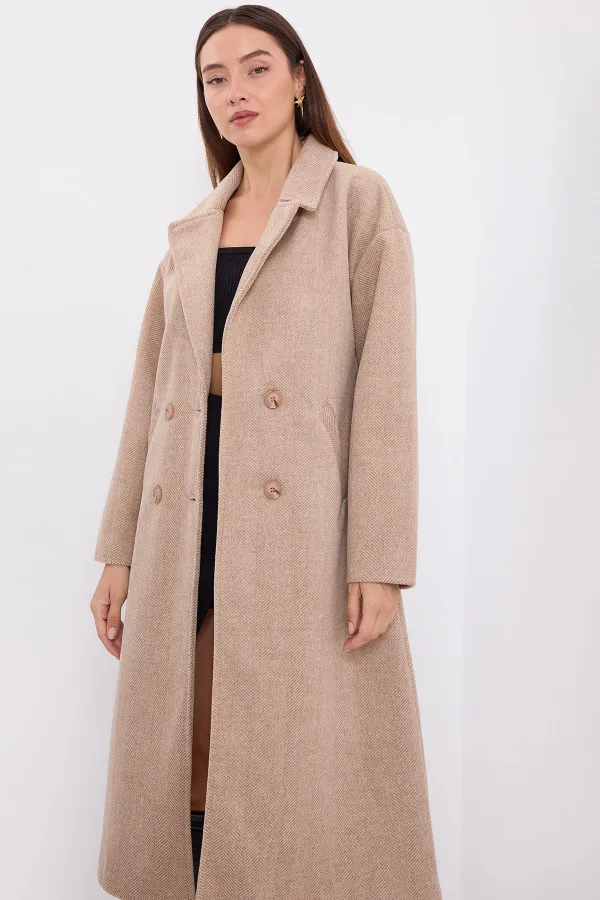 Manteau long oversize en laine et cachemire, coupe ample, référence 9113 - Biscuit