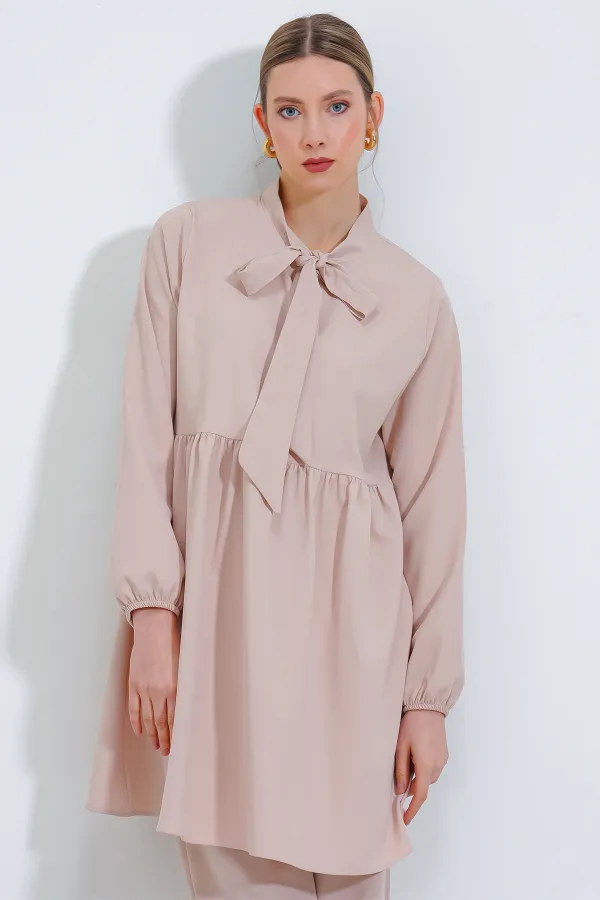 Ensemble pantalon et tunique en maille crème pour femme 6654