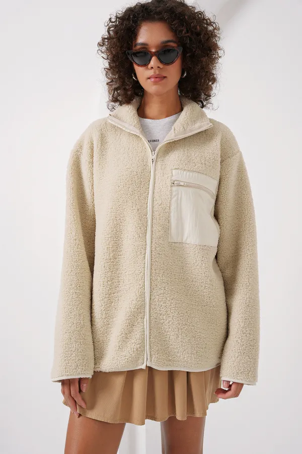 55446 Fermuarlı Oversize Peluş Ceket Mont - Krem