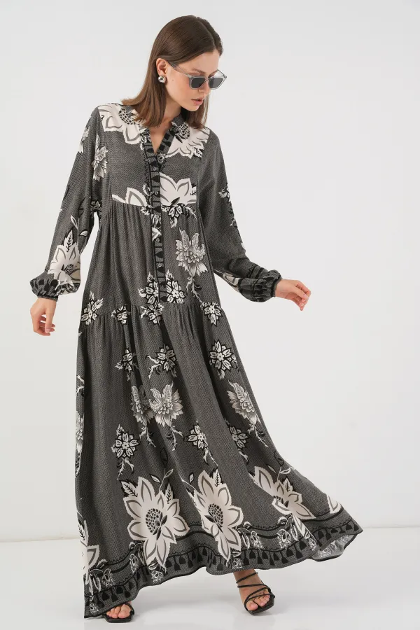 Robe longue hijab à motifs pour femme 2585 - Anthracite