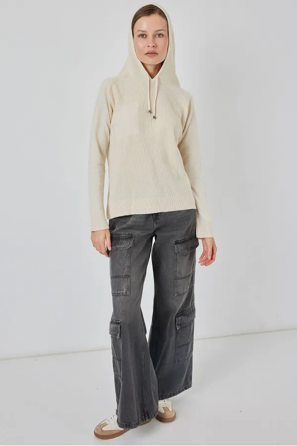 Kadın Kapüşonlu Triko Kazak 15941 - Ekru