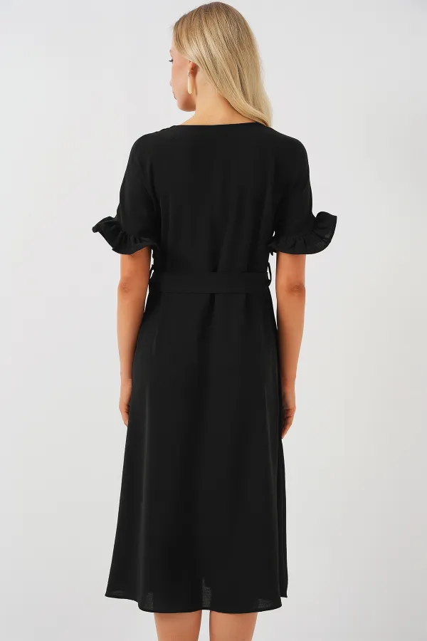 Women's Short Sleeve Buttoned Dress 2555 - Black