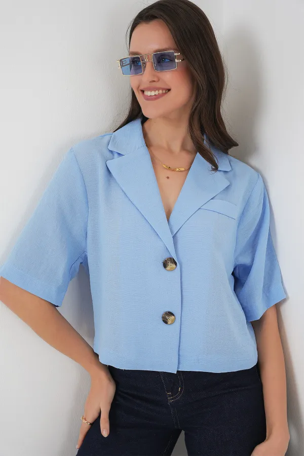 0706 Crop Linen Jacket - Blue 0706 Crop Linen Jacket - Blue