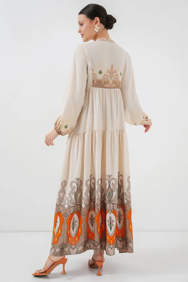 2423 Otantik Desenli Tesettür Elbise - T. Ekru